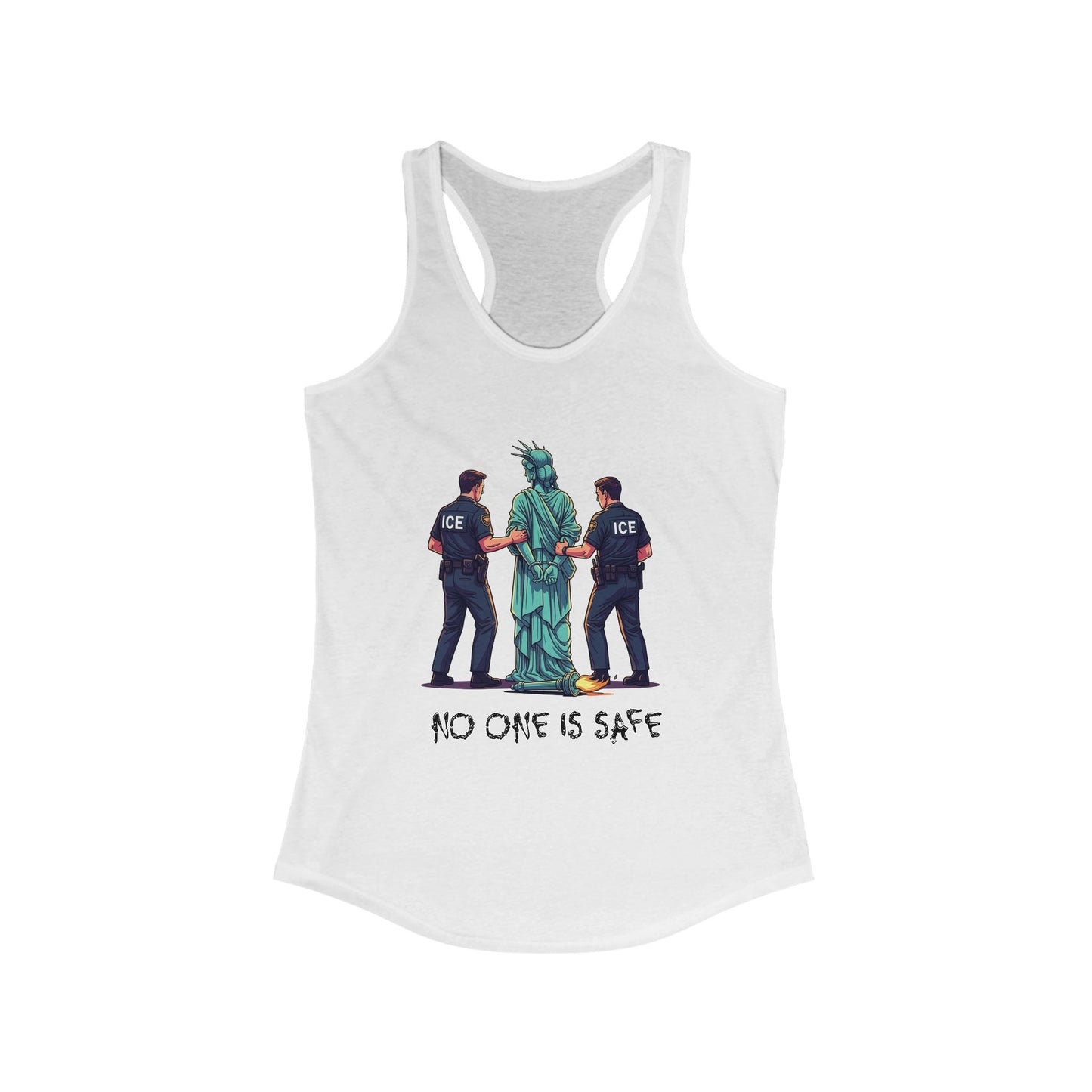 Protest Graphic Women's Racerback Tank Top Lady Liberty Arrested -No One Is Safe T-Shirt, Social Justice Apparel, Activism Clothing