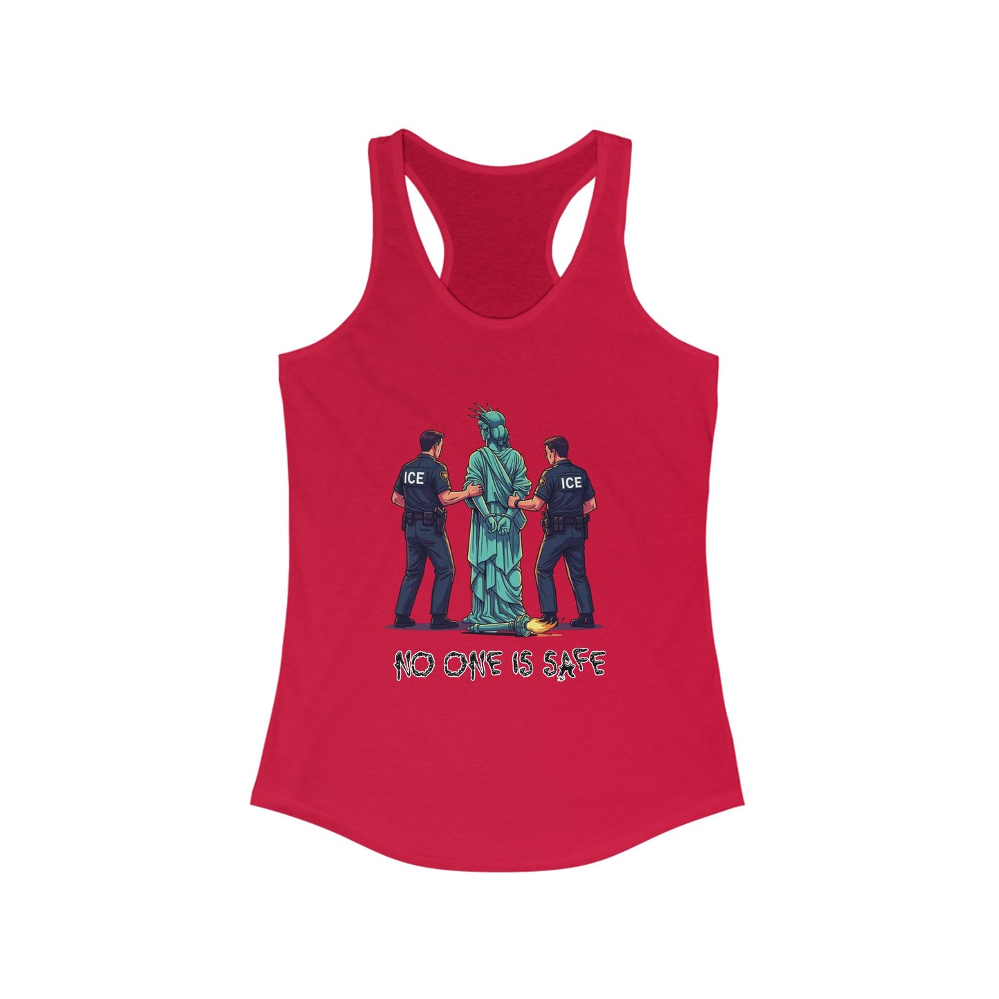 Protest Graphic Women's Racerback Tank Top Lady Liberty Arrested -No One Is Safe T-Shirt, Social Justice Apparel, Activism Clothing