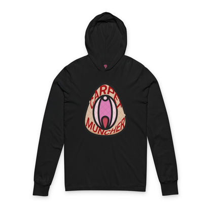 Playful Graphic Long Sleeve Hooded Tee - 'Carpet Muncher', Quirky Humor Unisex Graphic Shirt