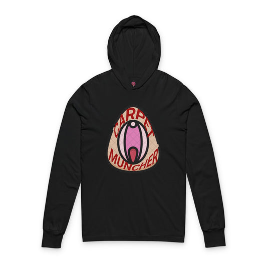 Playful Graphic Long Sleeve Hooded Tee - 'Carpet Muncher', Quirky Humor Unisex Graphic Shirt