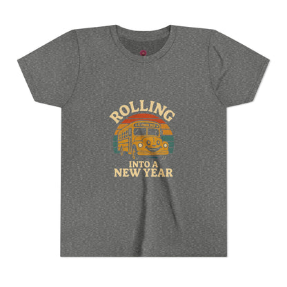 Retro Youth Short Sleeve Rolling Into New Year Tee - Cool Vintage Bus Design, Perfect for New Year, Gifts, Travel, Adventure