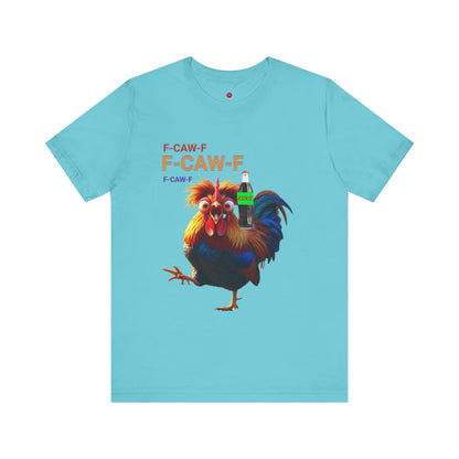 Funny Rooster Graphic Tee – 'F-CAW-F' Rooster with Soda Bottle