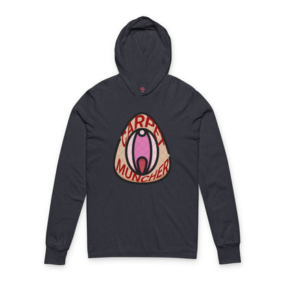 Playful Graphic Long Sleeve Hooded Tee - 'Carpet Muncher', Quirky Humor Unisex Graphic Shirt