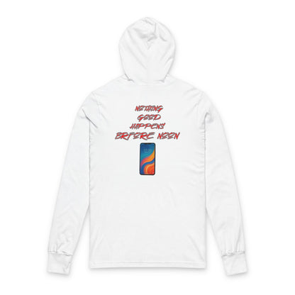 Good Happens Before Noon, Back Print Unisex Long Sleeve Hooded Tee  | Casual Wear, Gift for Friends, Birthday Tee, Everyday Comfort