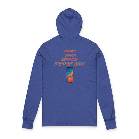 Good Happens Before Noon, Back Print Unisex Long Sleeve Hooded Tee  | Casual Wear, Gift for Friends, Birthday Tee, Everyday Comfort