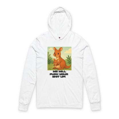 Playful Kangaroo Vibe "I Will Fuck Your Shit Up" Long Sleeve Hooded Tee, Animal Lovers, Gift for Kids, Humor Shirt